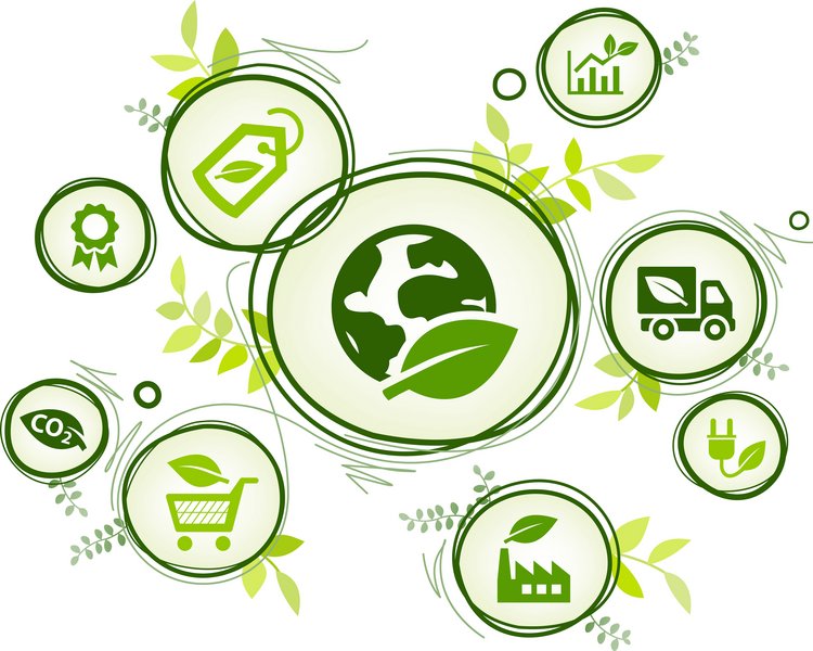 9 grüne Umweltsymbole in grünen Kreisen, symbolisch für die möglichen Einsparpotentiale