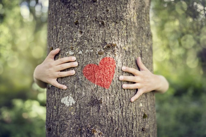 Jemand umarmt einen Baum. Zwischen den, sich fast wieder berührenden Fingern ist ein Herz an den Baum gemalt. 