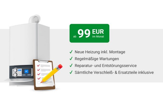 Schaubild für das Angebot "Heizungsanlage erneuern". Links steht die Heizungsanlage und rechts das Angebot dazu, für 99 Euro im Monat gibt es diese Anlage mit weiteren Vorteilen (Montage, Wartungen, Service)