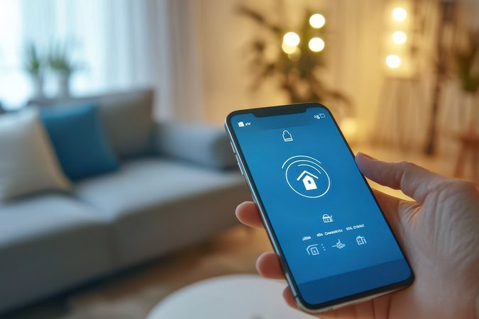 Hertenstrom für steuerbare Einheiten Gemütliche Wohnzimmeratmosphäre, Person hält Smartphone in der Hand und steuert darüber Smart Home.