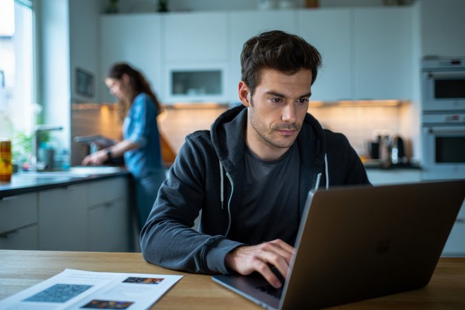 Hertenstrom dynamisch Junger Mann sitzt in der Küche und arbeitet am Laptop. Im Hintergrund sieht man eine junge Frau die Essen zubereitet.