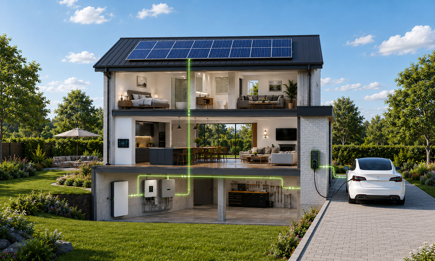 Haus mit Photovoltaikanlage, Speicher, Wechselrichter, Energiemanagement und Wallbox